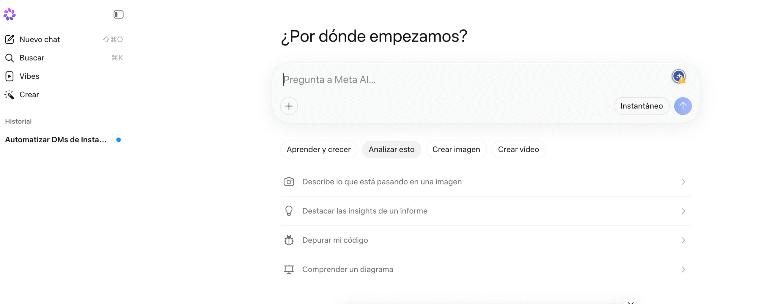 Interfaz de Meta AI Studio mostrando la configuración de un chatbot personalizado para Instagram